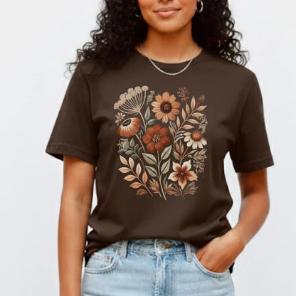vintage fall wildflower folk art print — rust cream and sage botanical tee